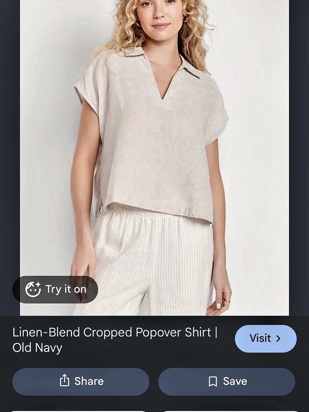Old Navy Linen-Blend Cropped Popover Shirt Cream Small